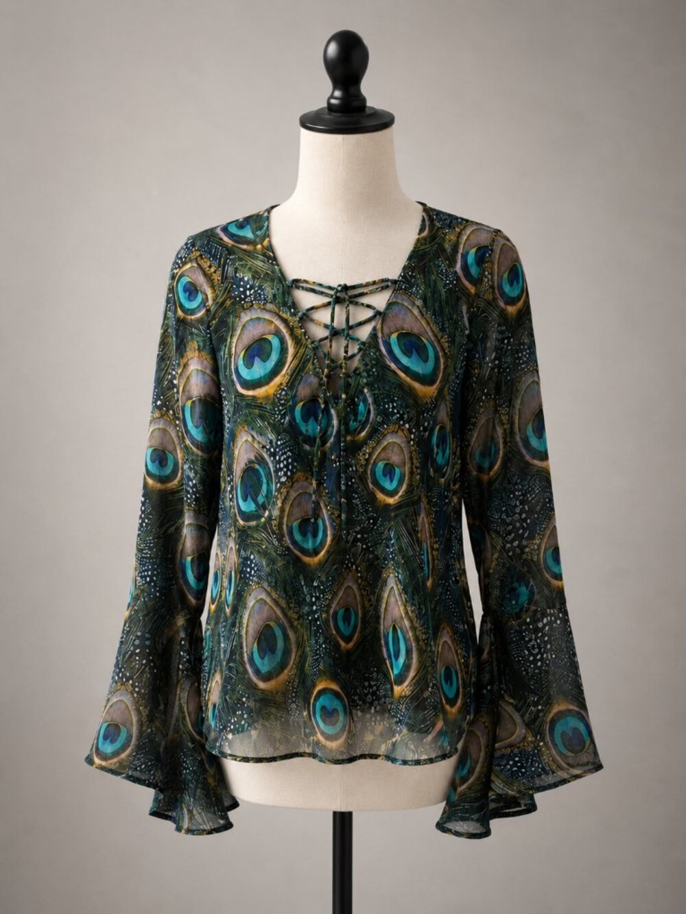 Show Me Your Mumu Zuko Peacock Print Lace Up Bell Sleeve Top Small NWT